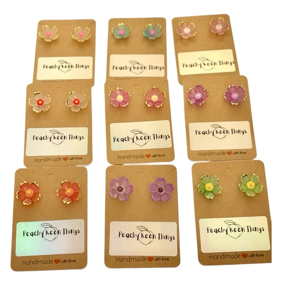 Lucite Cherry Blossom Flower Earrings with Cabohon Centers and 925 Posts. - Picture 1 of 11